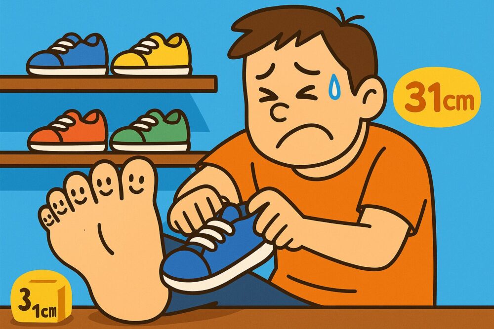 31cmの大きな足の男性が、靴屋で見つけたスニーカーに足を入れようとするも、幅が狭くて入らず困っている様子のイラスト。