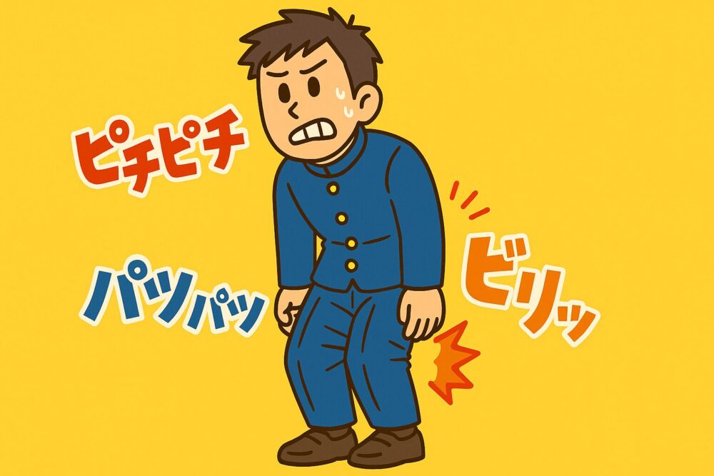 制服が小さすぎてピチピチになってしまった中学生の男の子が、成長に追いつかない学生服を着て立っている様子。ズボンはくるぶしまで上がり、太ももとお尻はパツパツ。上着のボタンもはち切れそうなほどパンパンになっている。