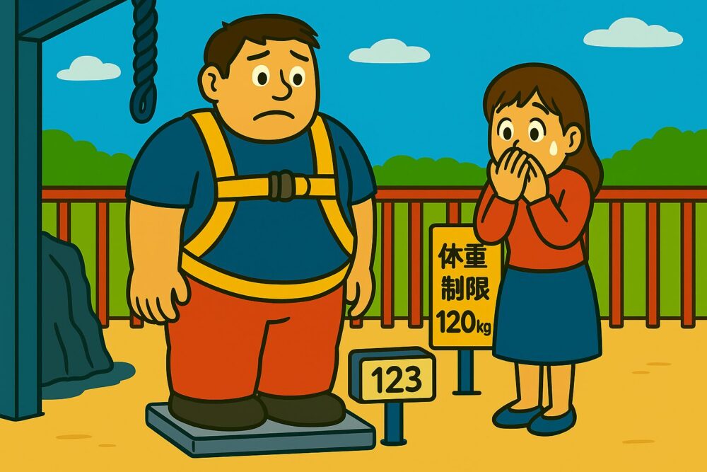 バンジージャンプ場で体重計に乗せられ、冬服込みで123kgと表示された男性と、それを見て驚き口元を押さえる女性の様子。背景には体重制限120kgまでと書かれた看板が見える。