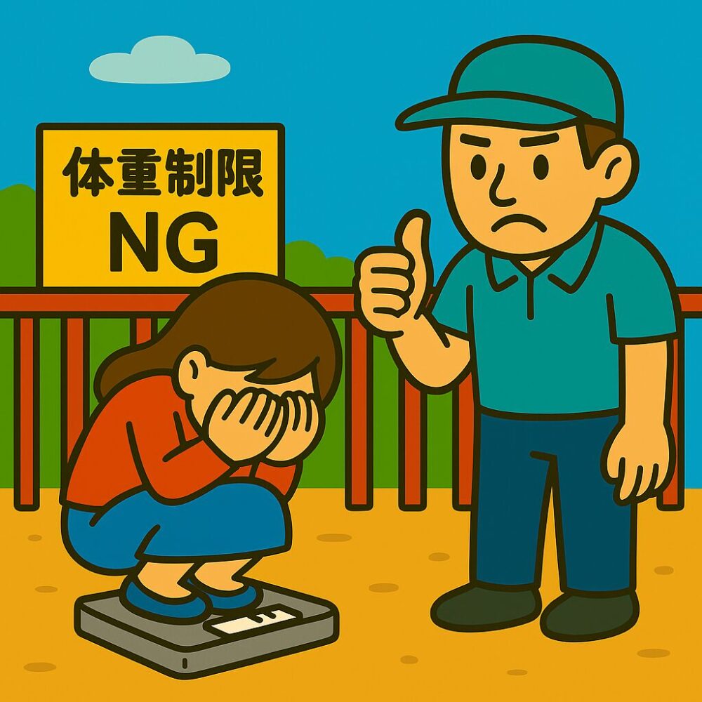 バンジージャンプ場で、体重計のメモリ部分を両手で隠しながらしゃがんでいる小柄な女性と、隣でアウトのジェスチャー(親指を立てるポーズ)をする係員の様子。背景に「体重制限 NG」の看板がある。