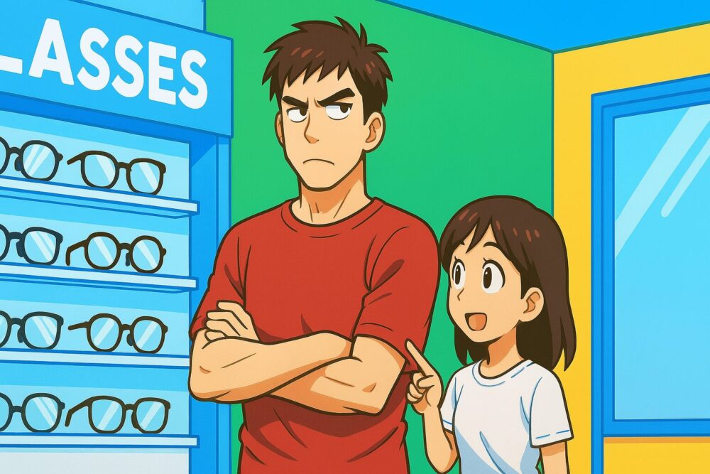 メガネ屋の店内で、大柄な男性と小柄な女性がメガネを選んでいる様子。男性は腕を組んで不安そうな表情、女性は笑顔で提案している。