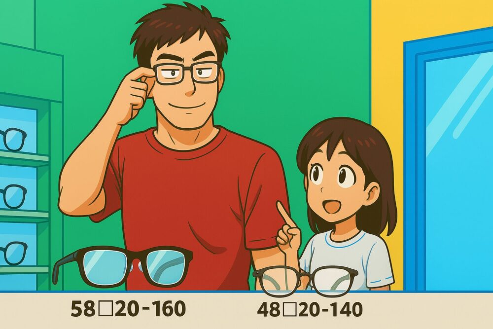 大きな眼鏡をかけるデカたま様と、小顔な奥さんがメガネ店でサイズ比較している様子