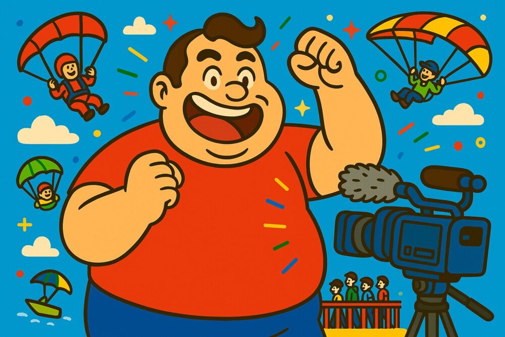 体重3桁超えのおもリッチが全国のアクティビティを体験調査する企画の一コマ。パラシュートやアクティビティ背景に、意気込んでガッツポーズするおもリッチのイラスト。