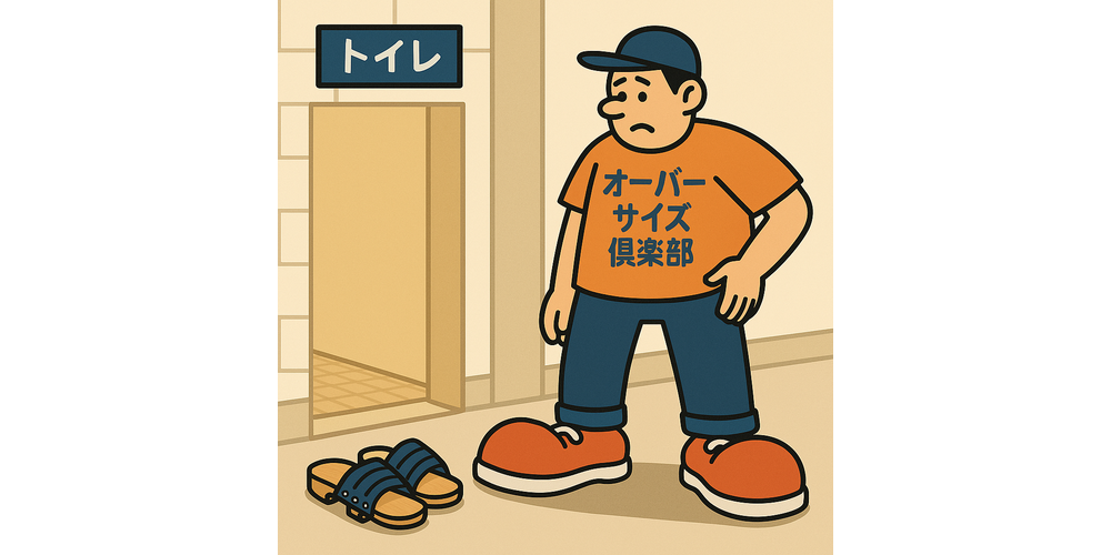 小学校のトイレ前で、極小サイズの木製トイレ下駄を見つめて戸惑う「はみ出しシューズ隊」のキャラクター